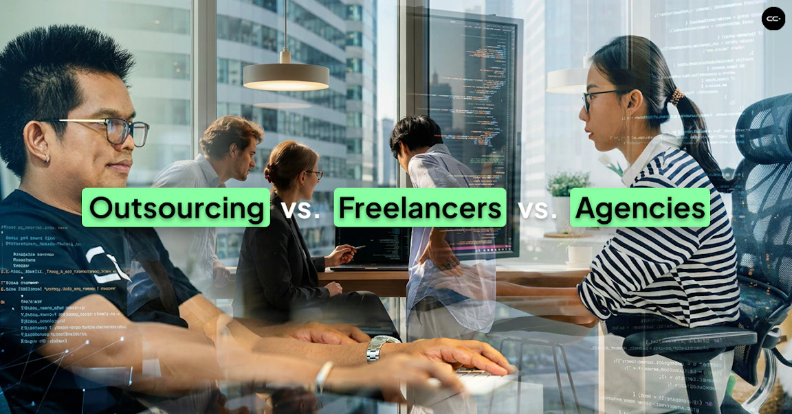 Mixed photos of people working alone in front of a computer, representing outsourced professionals, an agency team, and a freelancer.