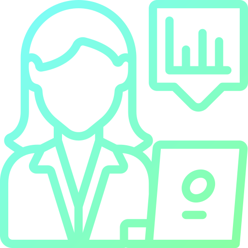 Line icon of a data analyst holding a tablet beside a bar-chart panel
