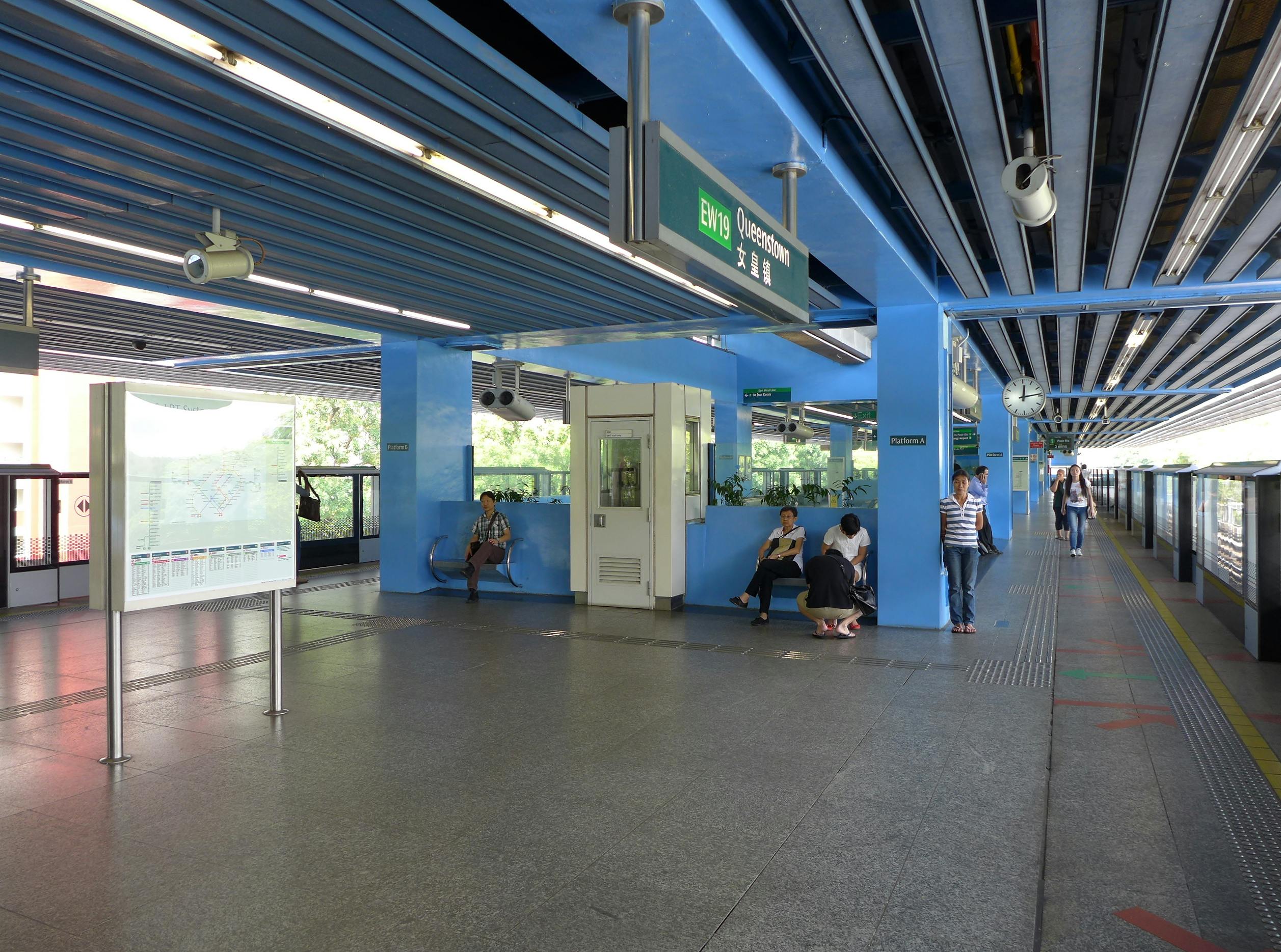 The open air, royal blue-painted Queenstown MRT platform