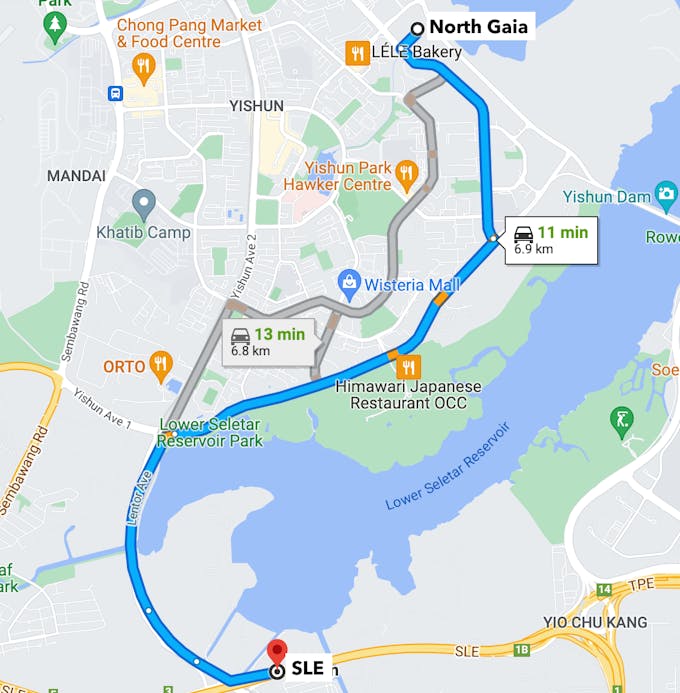 north gaia direction to SLE on Google Maps