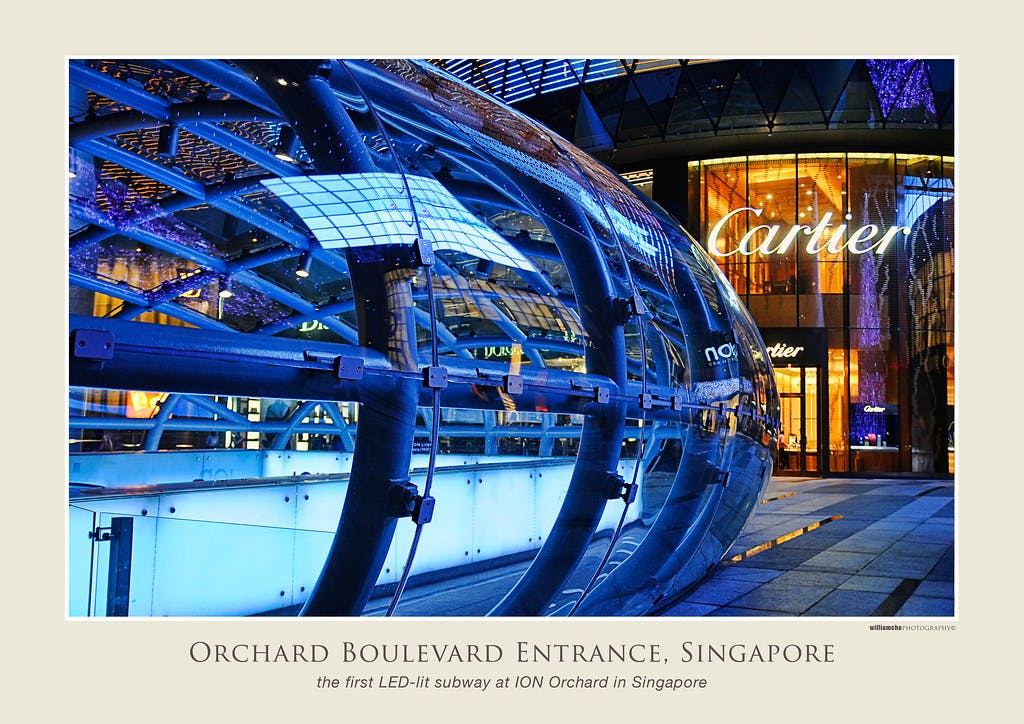 The entrance to Orchard MRT Station on Orchard Boulevard, a ten-minute walk away from EDEN in Singapore. 