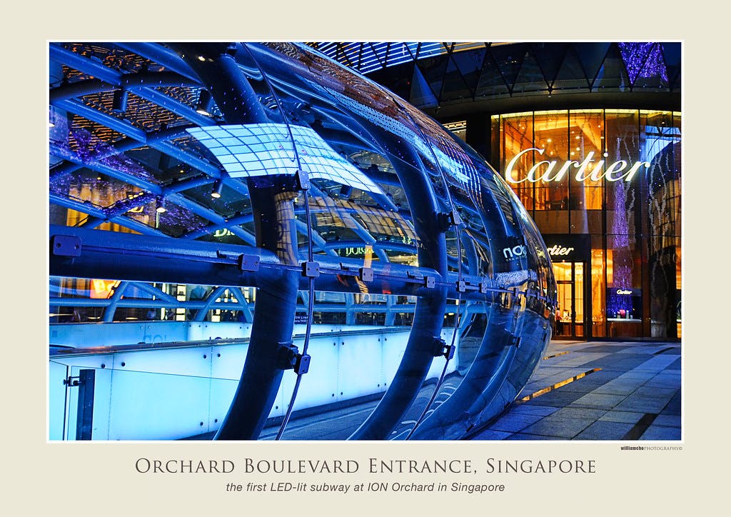The entrance to Orchard MRT Station on Orchard Boulevard, a ten-minute walk away from EDEN in Singapore.