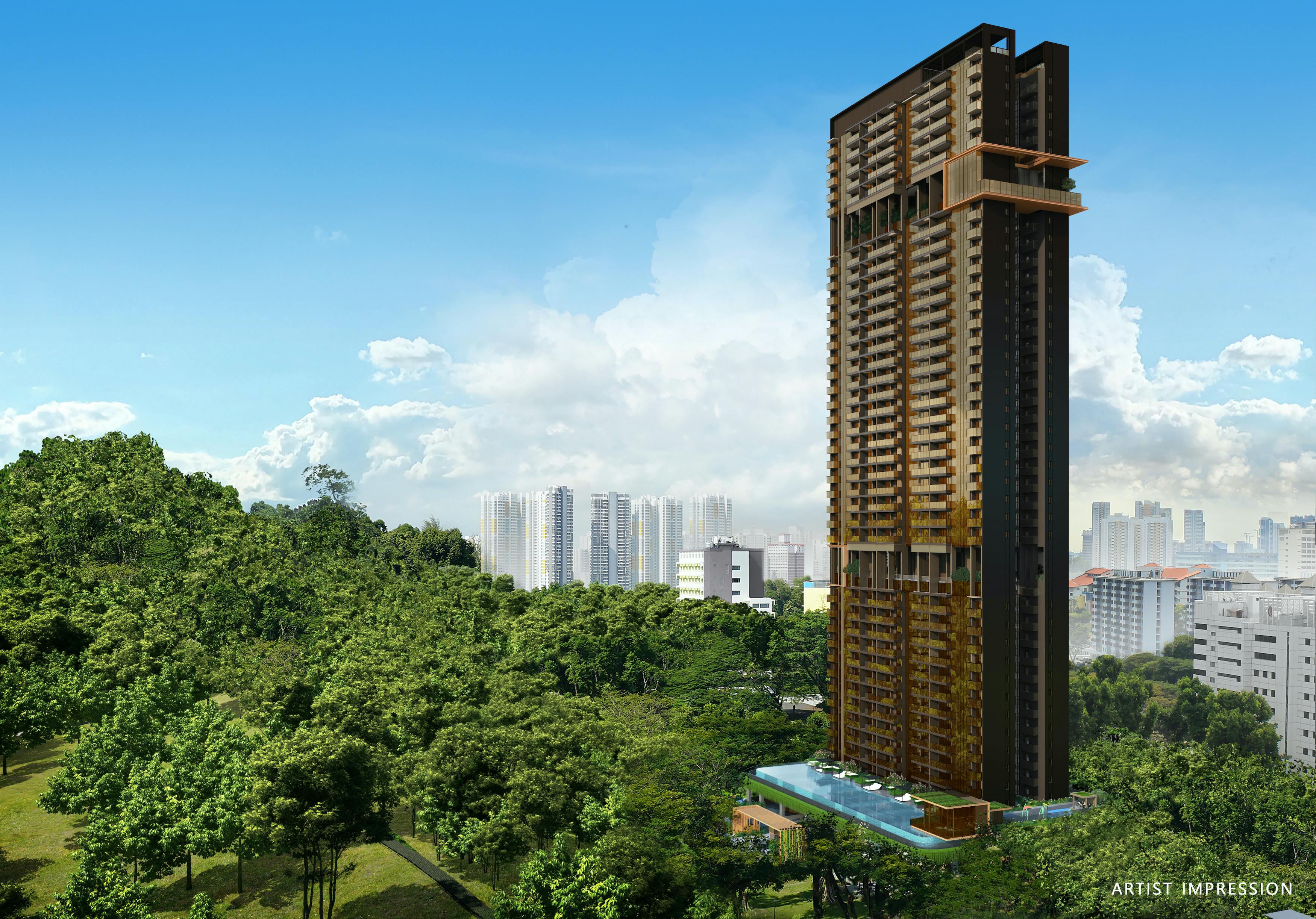An artist impression image of The Landmark condo with vibrant saturated colour tones.