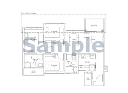 A sample floor plan of Gems Ville condo shows a unit with three bedrooms, two bathrooms, as well as kitchen, dining and kitchen areas.