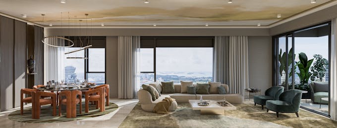 midtown modern sky bungalows living and dining area
