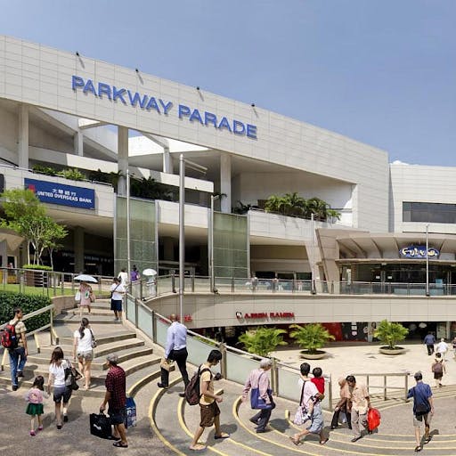 The iconic Parkway Parade is depicted with a sign and a curved staircase.
