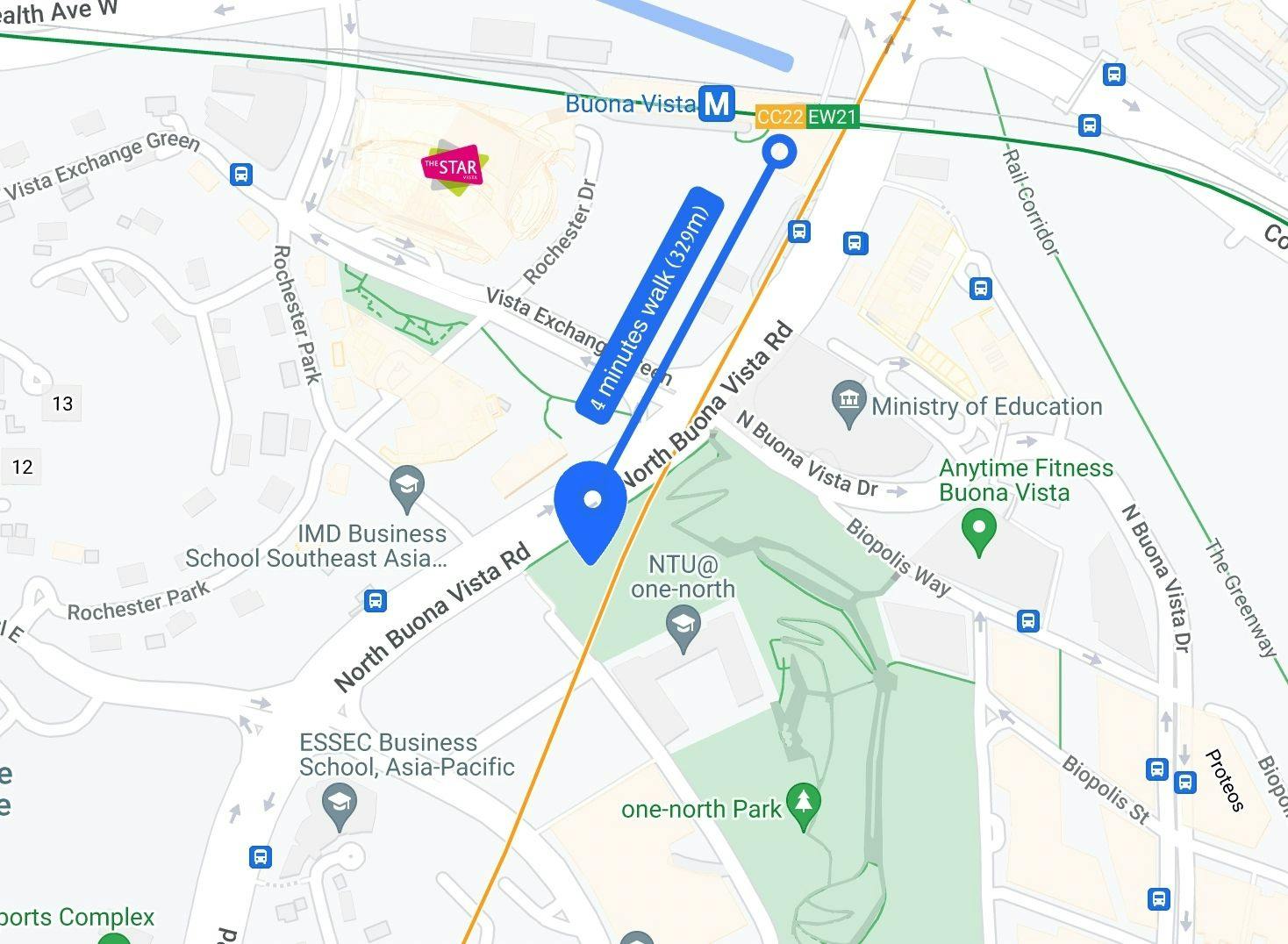 distance from blossoms by the park to buona vista mrt station