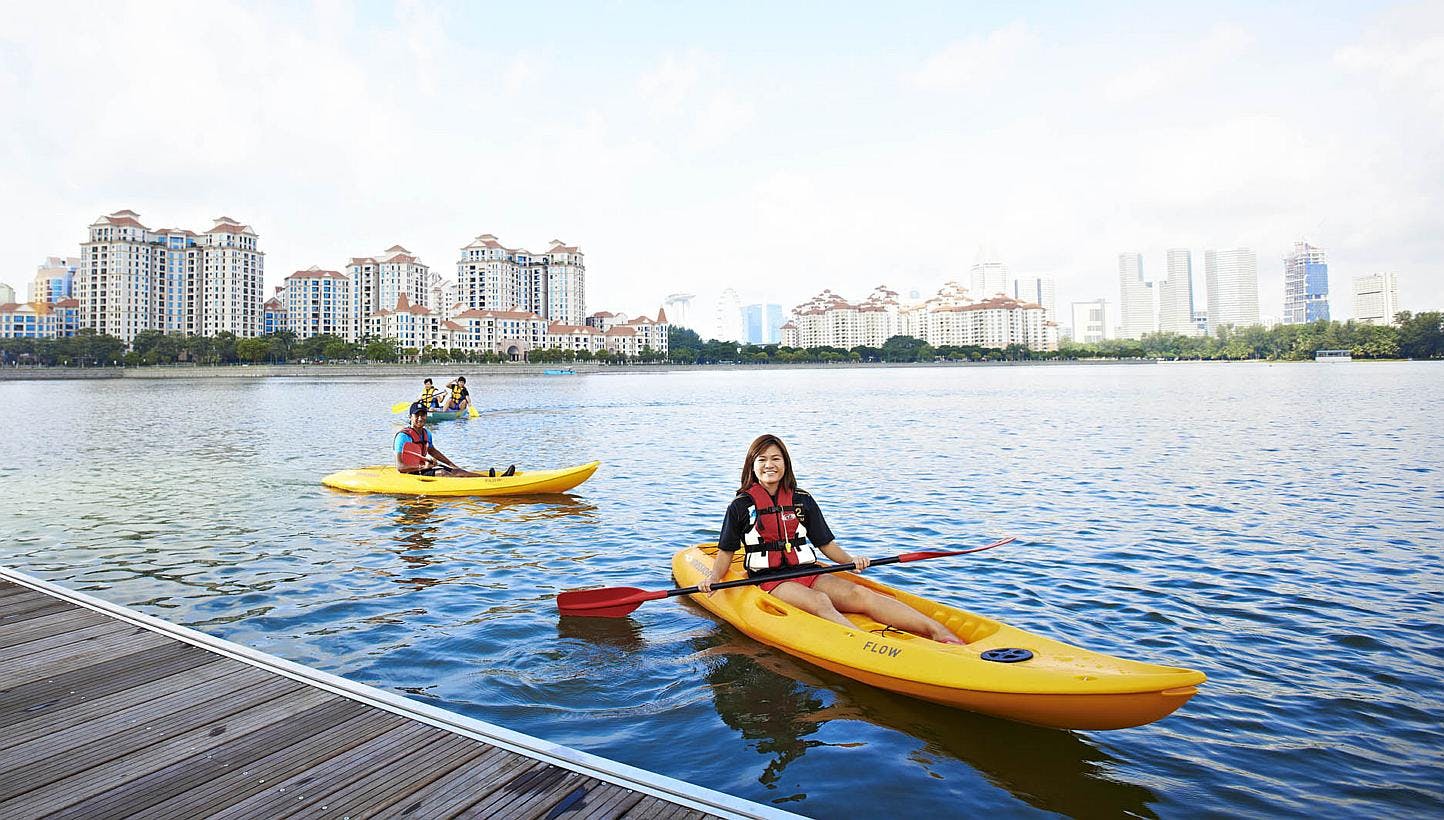 People kayak in the Kallang Basin.