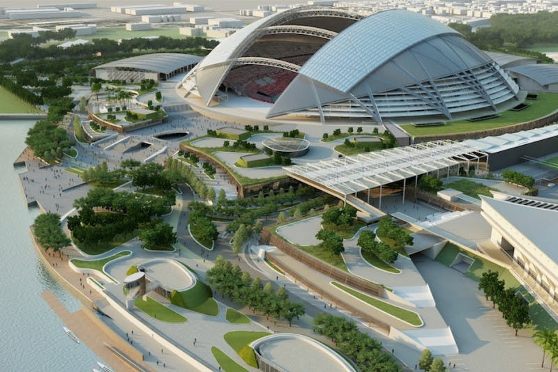 The beautiful Singapore Sports Hub, with the Kallang Wave Mall among many other destinations.