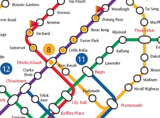 A local train connectivity map charting the route from Potong Pasir to Orcahrd MRT Station