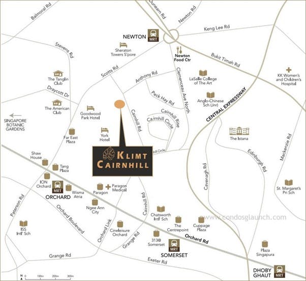 A location map of Klimt Cairnhill and the nearby points of interest.