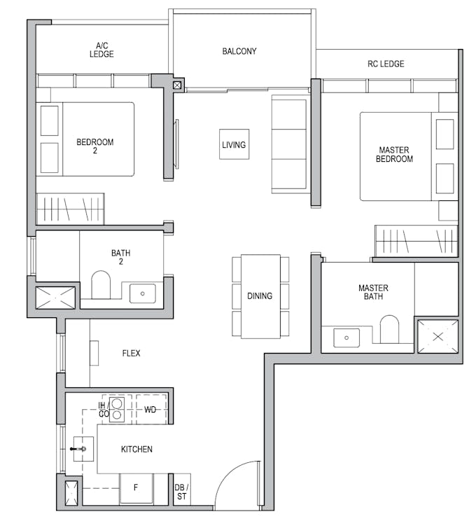 lentor modern 2 bedroom type B2 unit layout
