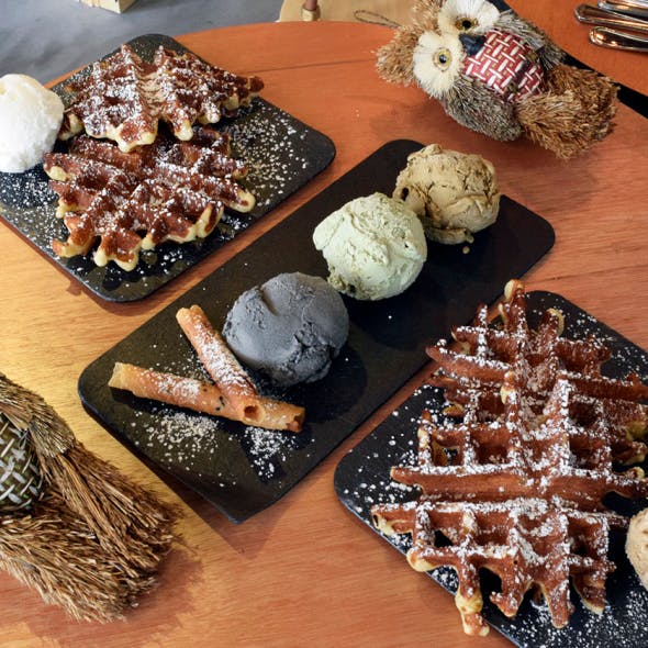 Snowflake waffles and ice cream and Rabbit Owl Depot