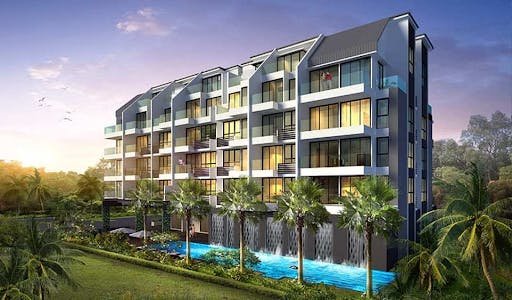 An artist's impression of MORI condo shows the residence from a side angle, lit by a sun-kissed sky.