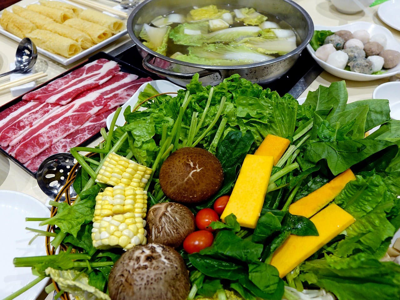 Assorted ingredients for a hot pot meal