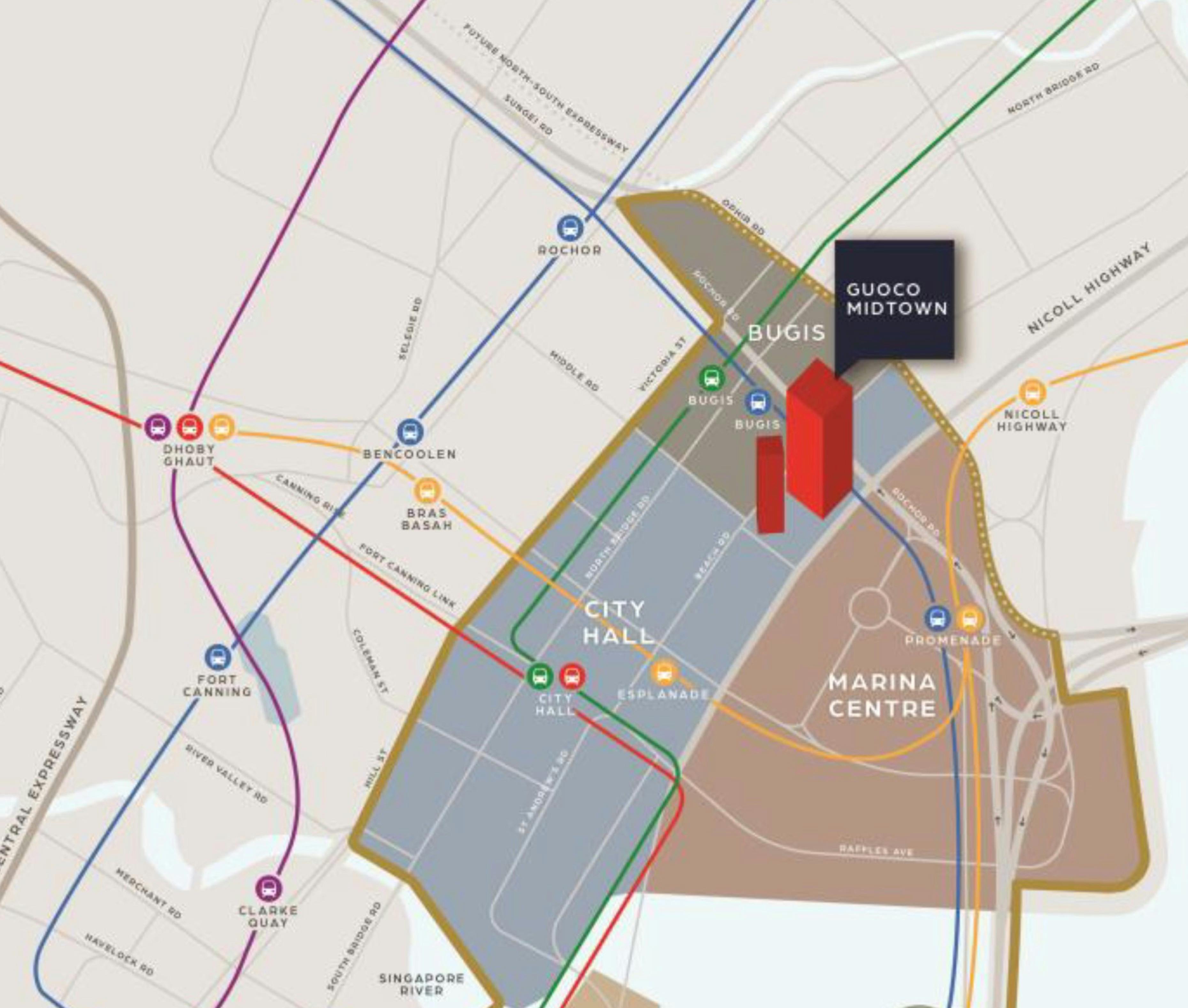A map of where Midtown View is located in Bugis