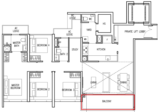 the commodore 4 bedroom balcony floor plan