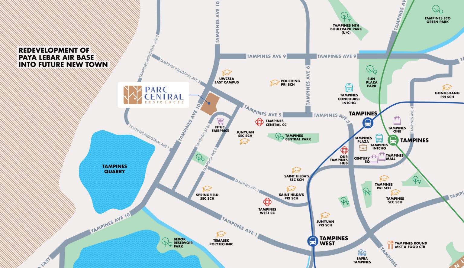 Parc Central Residences is located in the prime mature estate of Tampines, which is known for its excellent integrated lifestyle, shopping and entertainment hubs