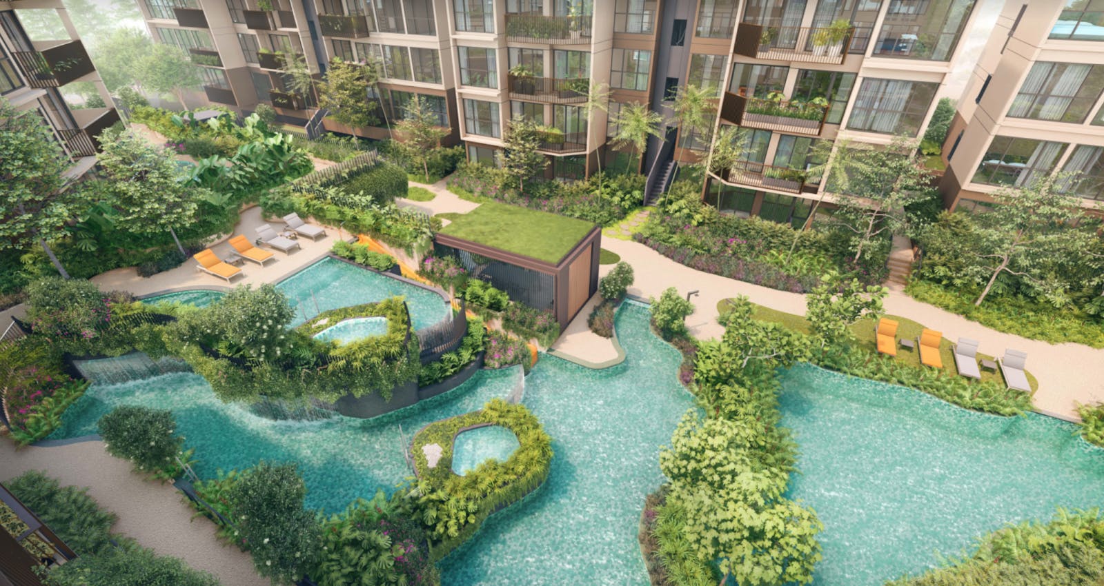 The rain and sun pools with jacuzzi islands at Watergardens at Canberra