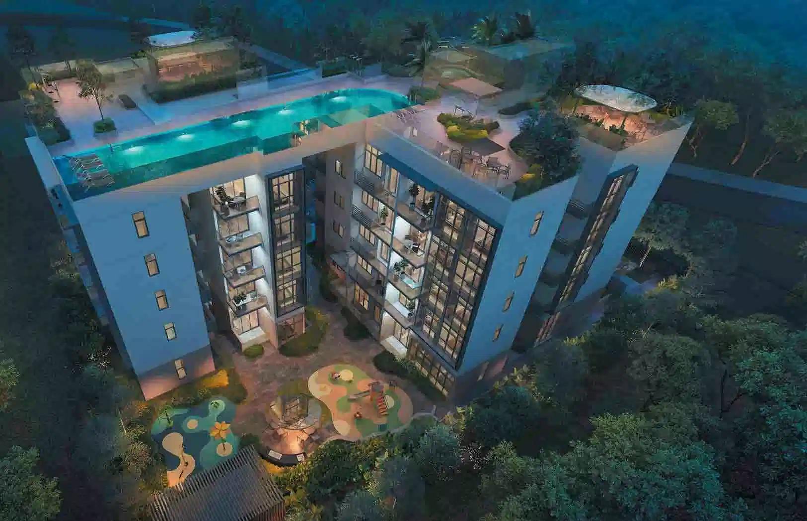 Casa Al Mare is stunning at night, with a view of its facilities including the Teppenyaki Lounge and a rooftop pool.
