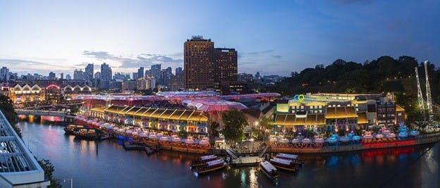 Canninghill Square overlooks the spread of restaurants and bars at Clarke Quay, which is known for its bustling nightlife scene.