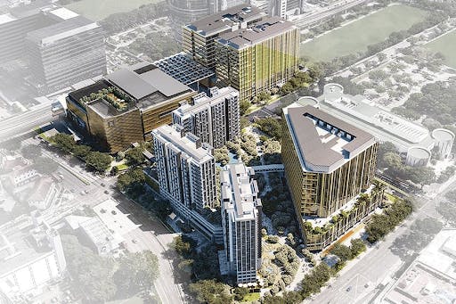 The fast-rising business hub at Paya Lebar Central Hub is depicted vibrantly in contrast to the buildings that surround it, which have been digitally faded out.