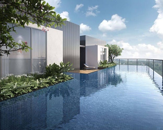 The wonderful rooftop pool at J@63 enjoys an unblocked view of the upscale Telok Kurau estate.