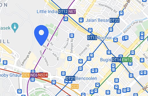 Sophia Regency, demarcated by a blue marker pin, shown on a map with Dhoby Ghaut MRT Station, Little India MRT Station, Bencoolen MRT Station, Bugis MRT Station, Rochor MRT Station and Jalan Besar MRT Station shown in its vicinity.