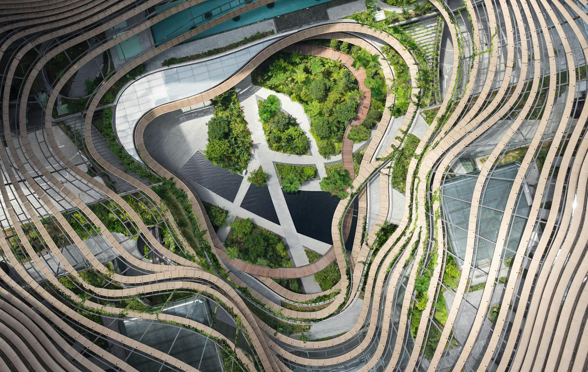 Aerial view of Marina One Residences and its heart-shaped, multi-stepped gardens