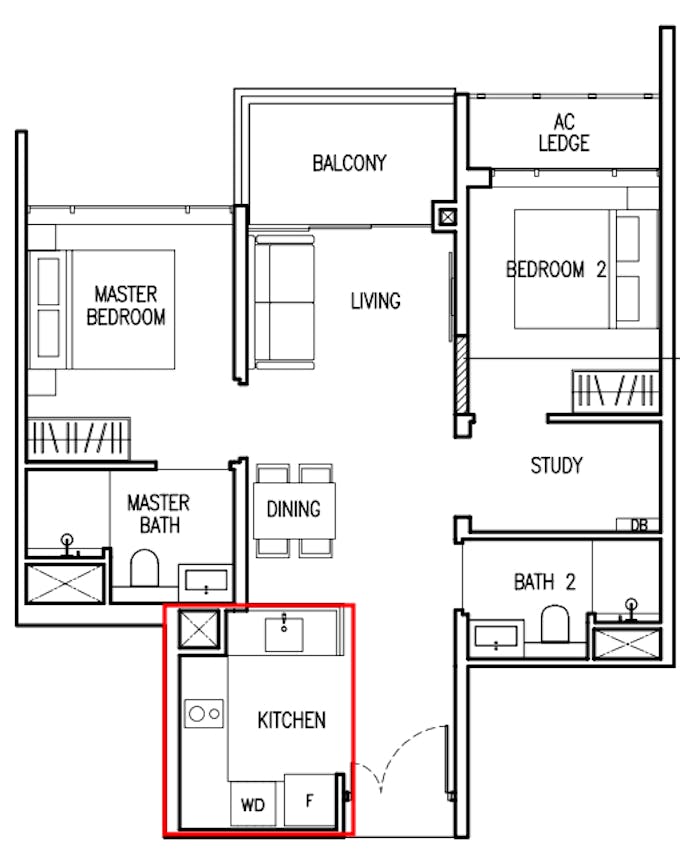 the commodore 2 bedroom kitchen floor plan