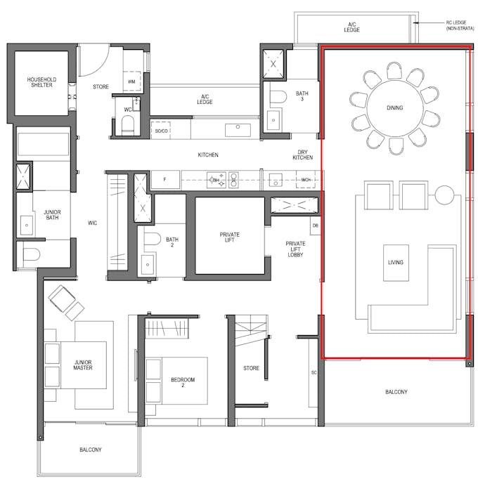 midtown modern sky bungalow living and dining area