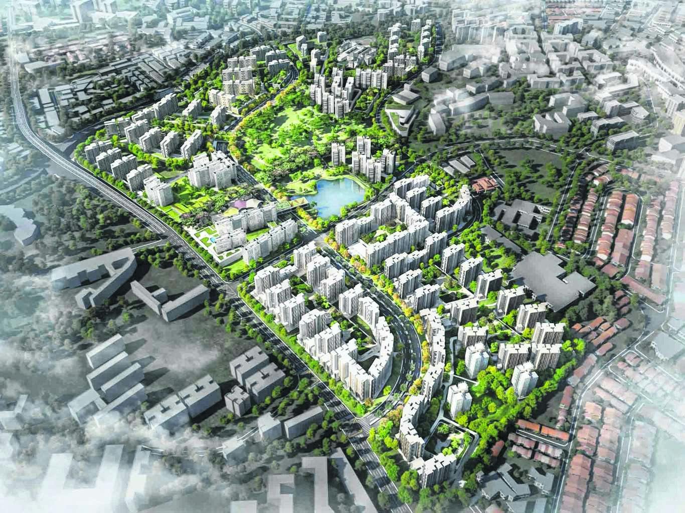 An artist's birds eye view impression of the Bidadari New Town.