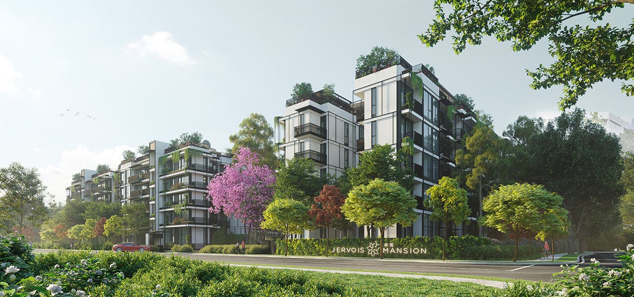 The modern, green facade of Jervois Mansion that is inspired by the black-and-white colonial bungalows of the early 20th century