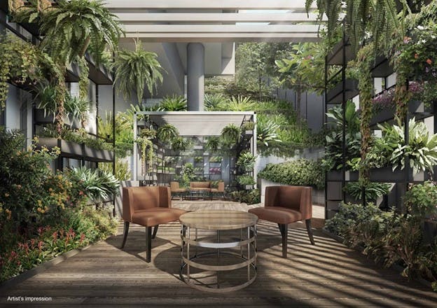 An artist's impression of the lush, green communal spaces at Irwell Hill Residences.