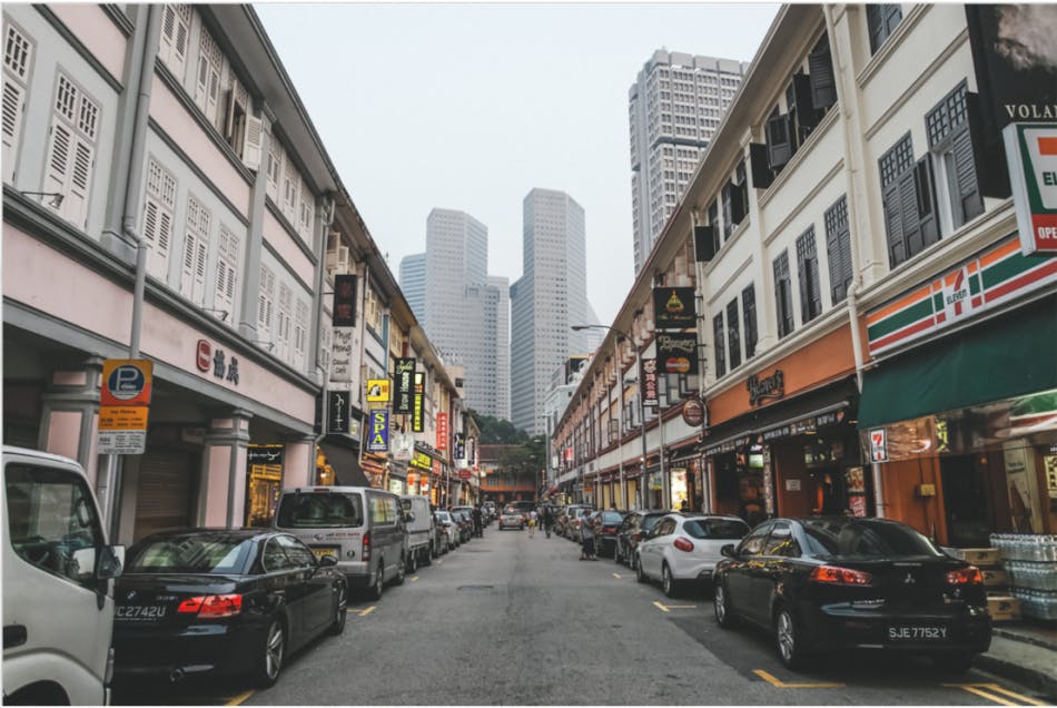 Row of Shophouses located in one of the many streets in the Bugis Neighbourhood that features a 7-eleven and many other food eateries