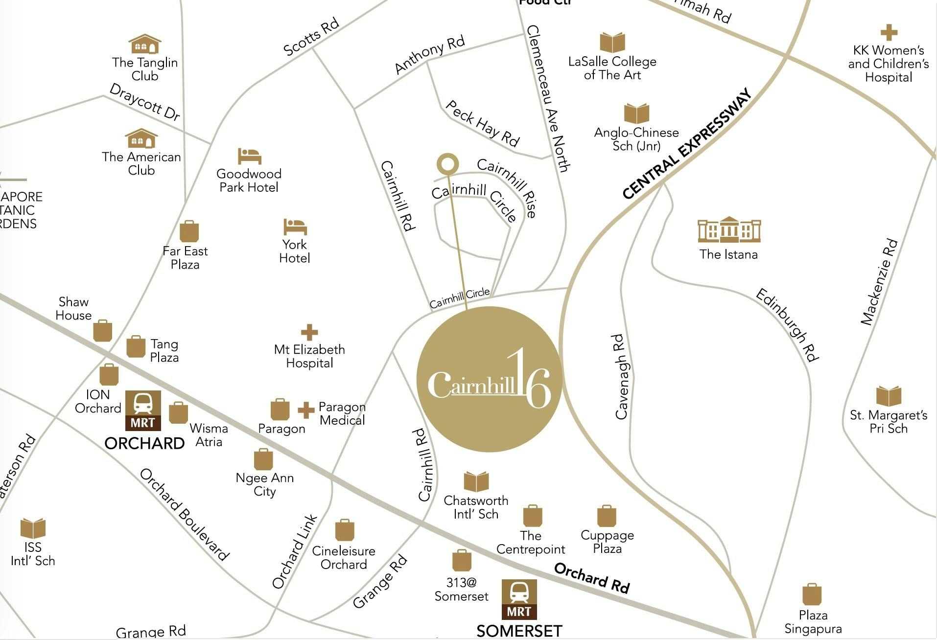 A Map of the area that surrounds Cairnhill 16, close to Ngee Ann City, Paragon.