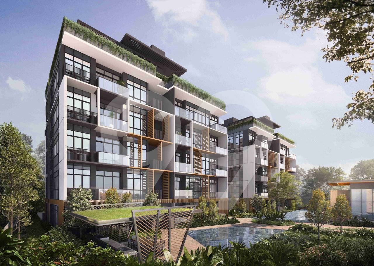 The facade of The Arden, low blocks and lush foliage.