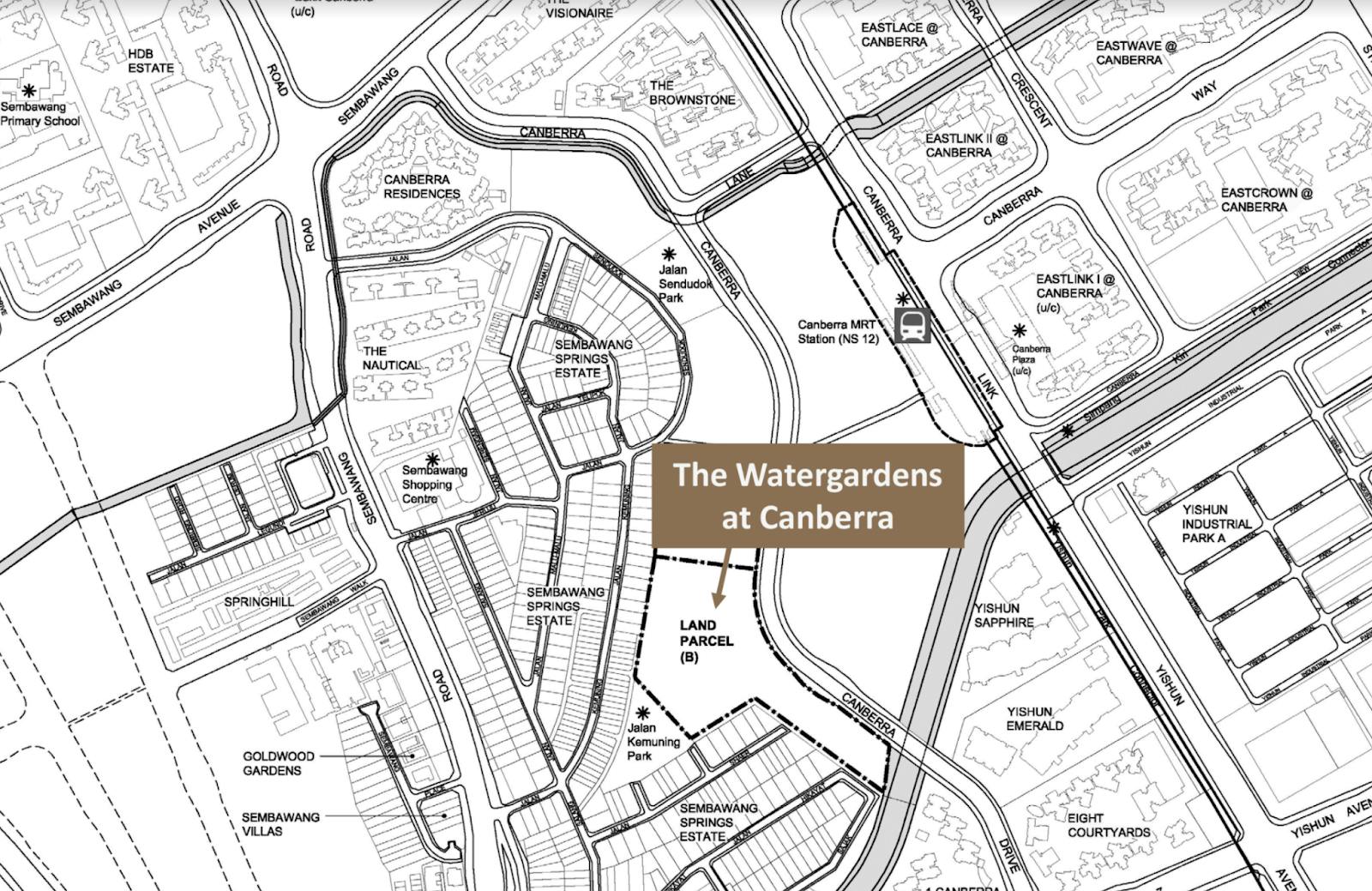 A map of Watergardens at Canberra next to other amenities and buildings, such as Sembawang Shopping Centre.
