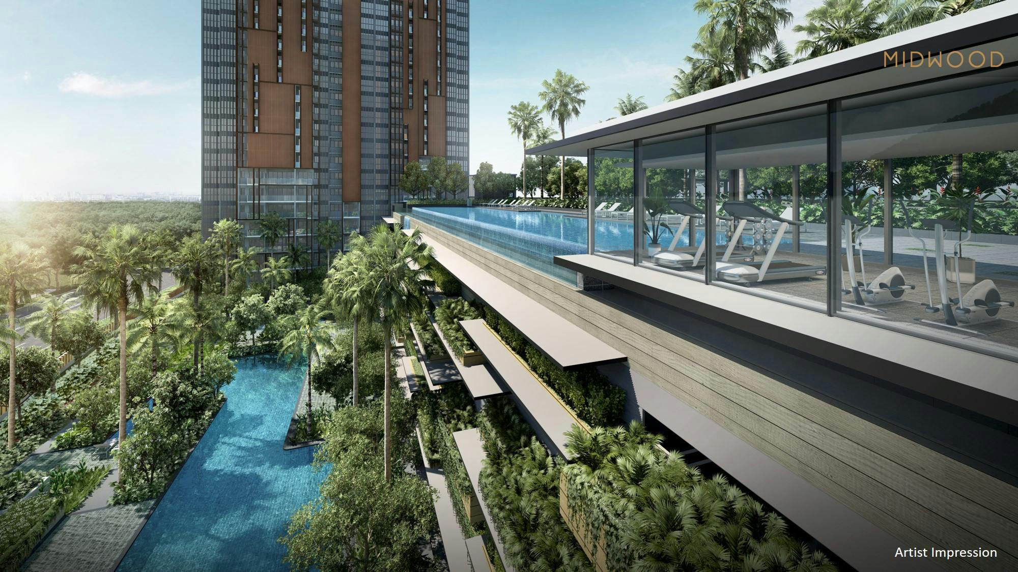 An artist's impression of the serene pool, framed by Midwood's angular architecture.