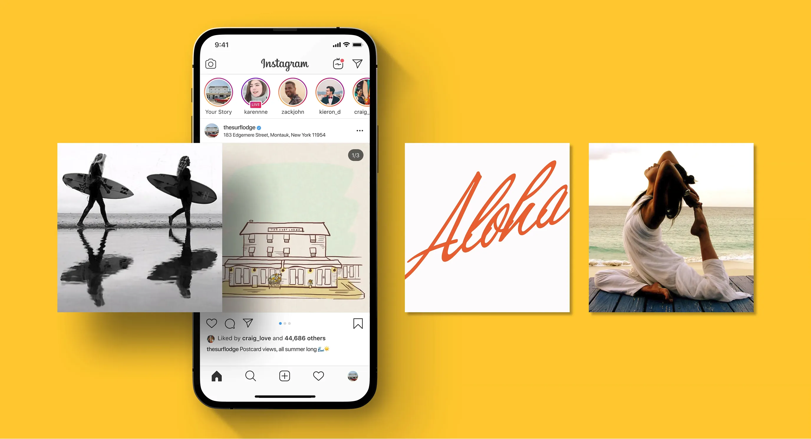 Phone showing an Instagram feed over yellow background with Aloha graphic and yoga photo