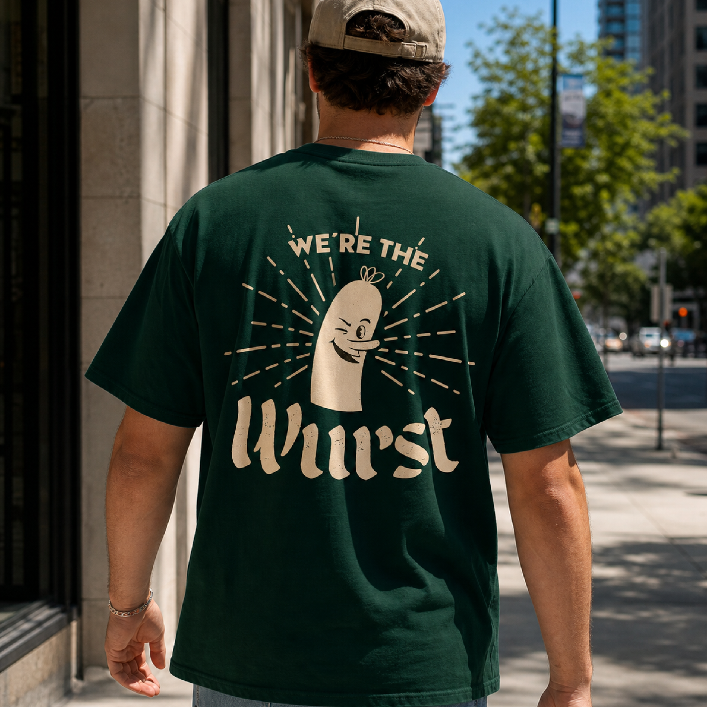 Man walking down the street with his back to the camera, wearing a dark green tshirt with the words "We're the wurst" on the back and a cartoon hotdog