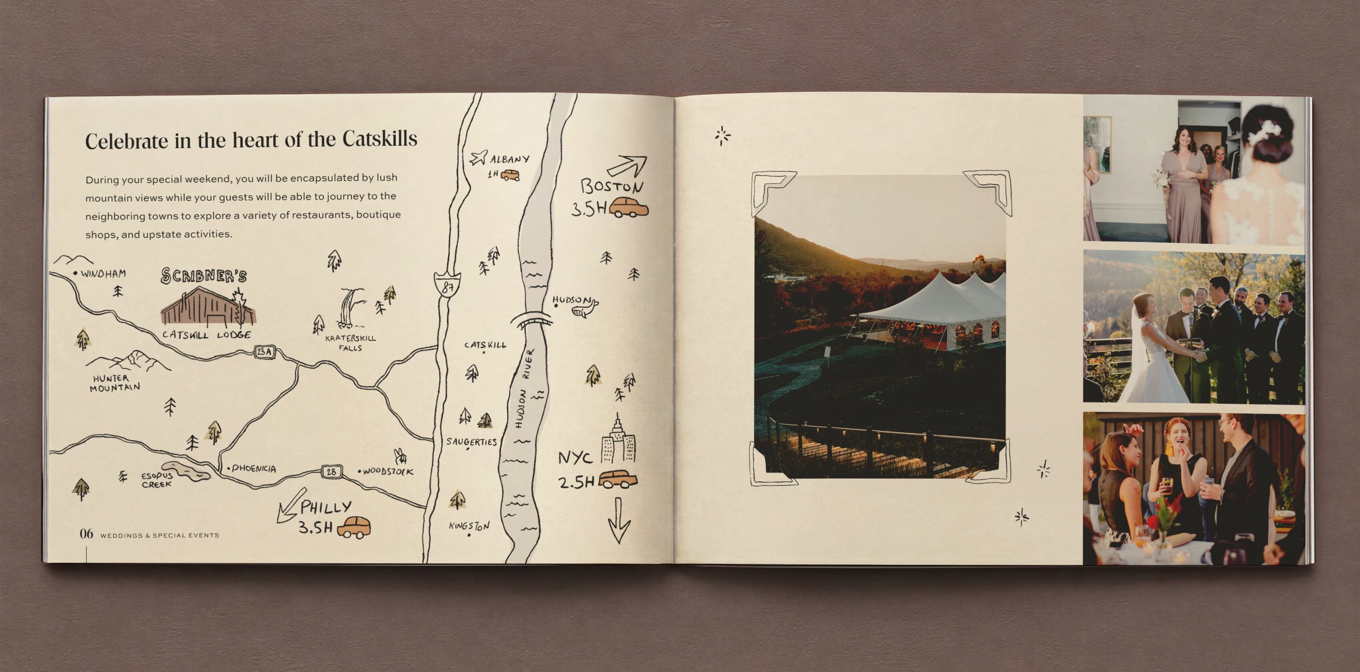 Open booklet spread with Catskills map and wedding photos