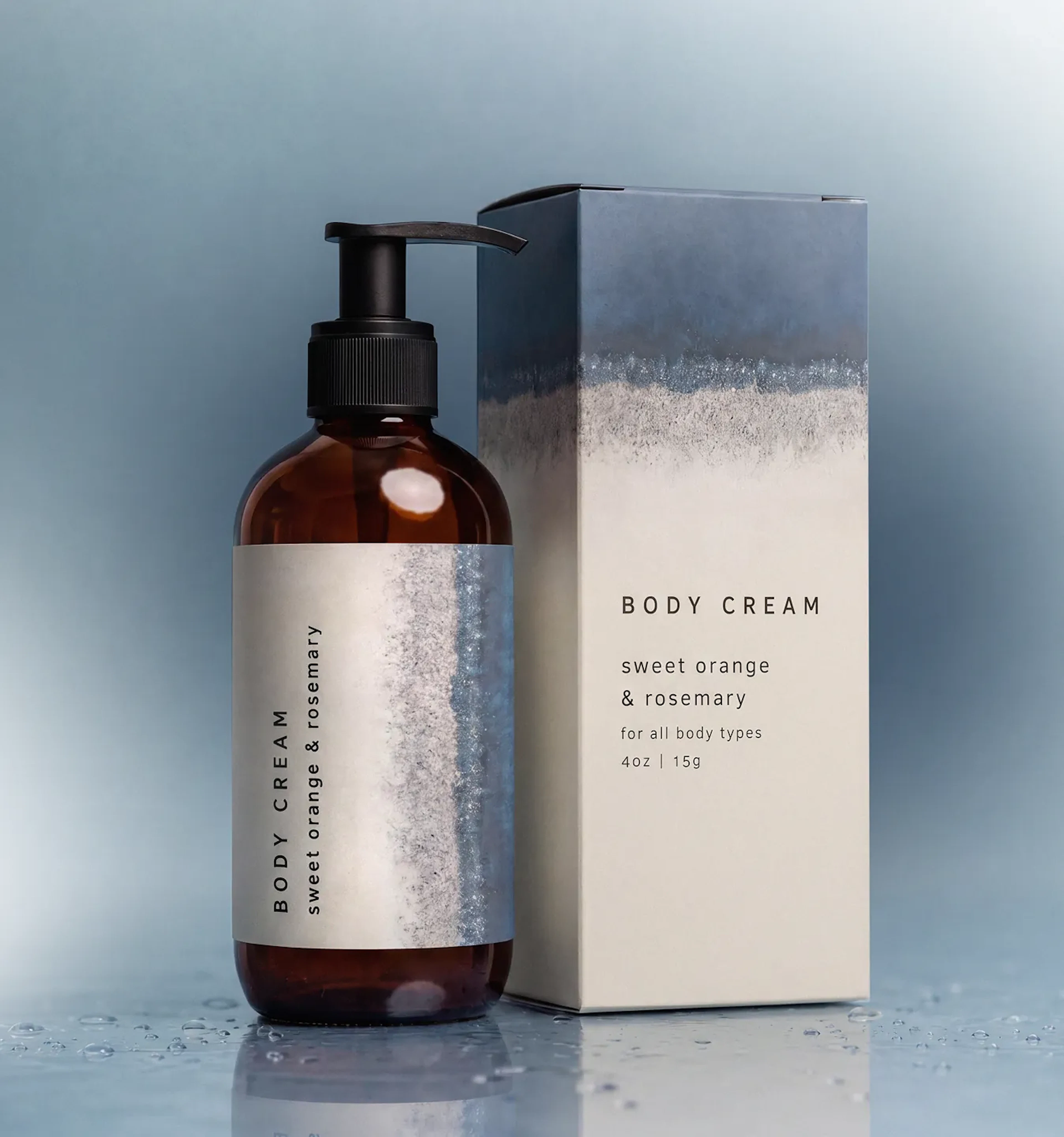 Body cream bottle and box, sweet orange & rosemary