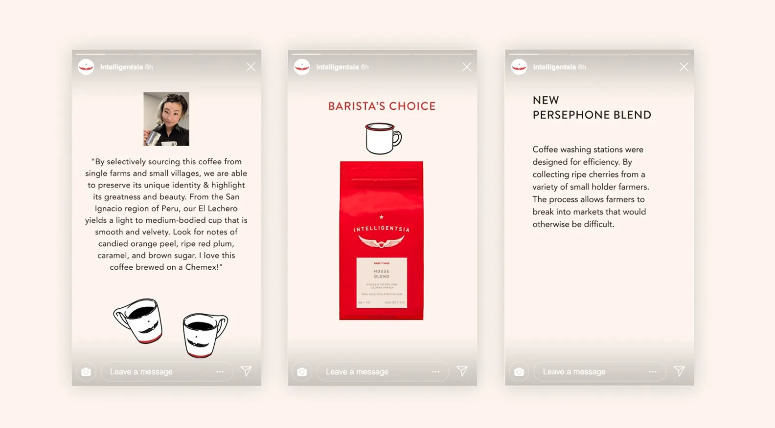 Three Instagram story mockups with a testimonial quote, Barista's Choice coffee bag, and Persephone Blend text
