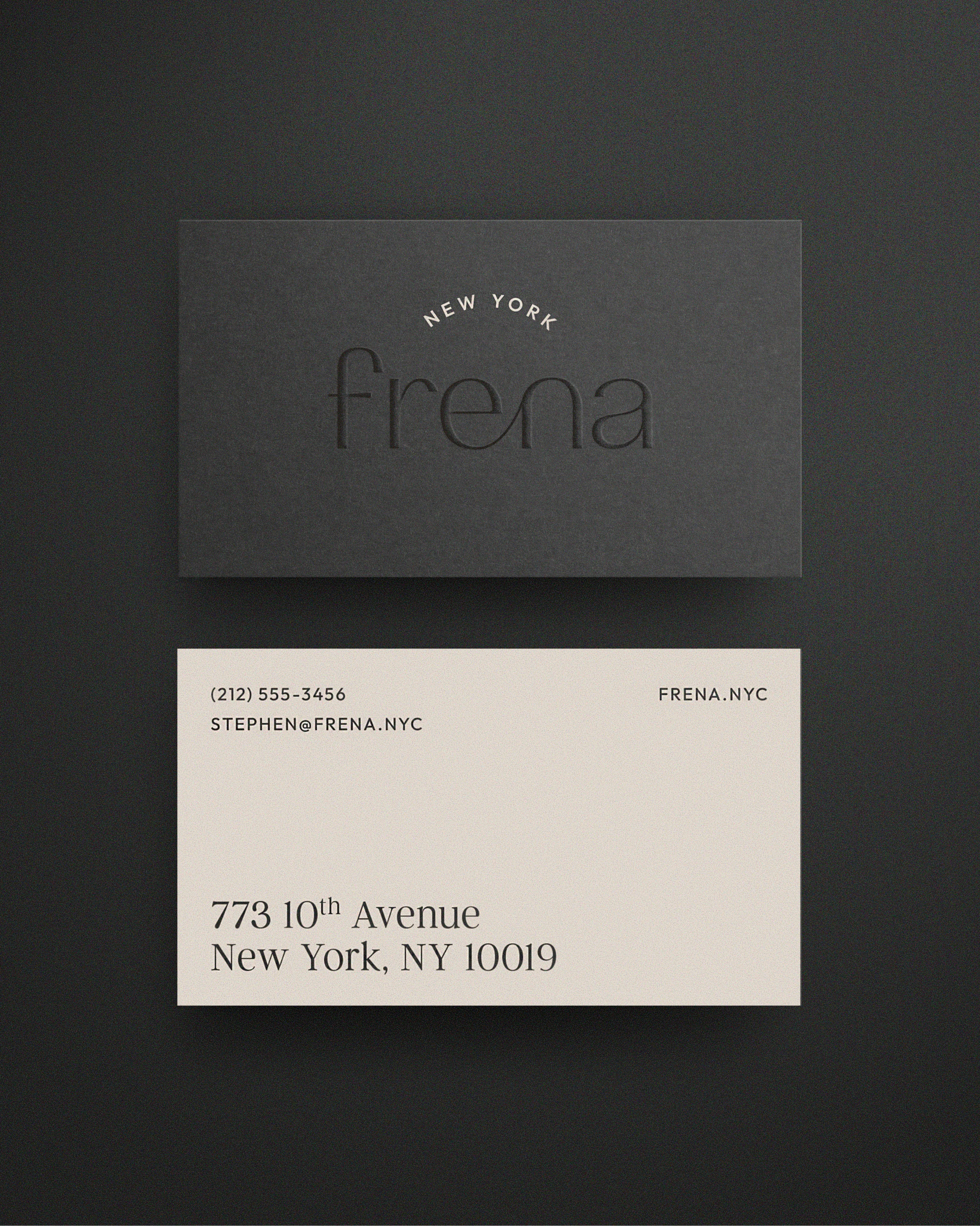 Frena business card front and back on black background