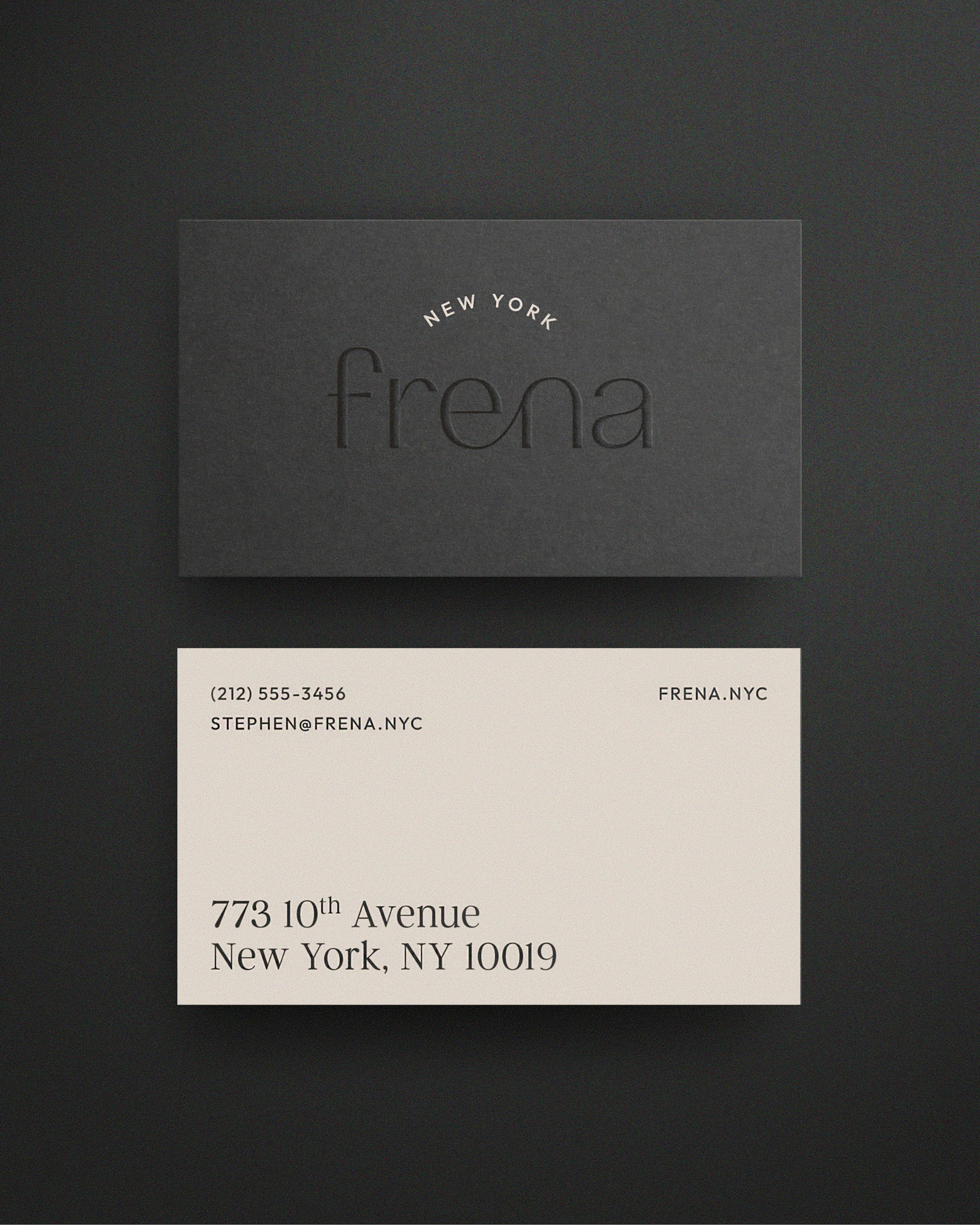 Frena business card front and back on black background