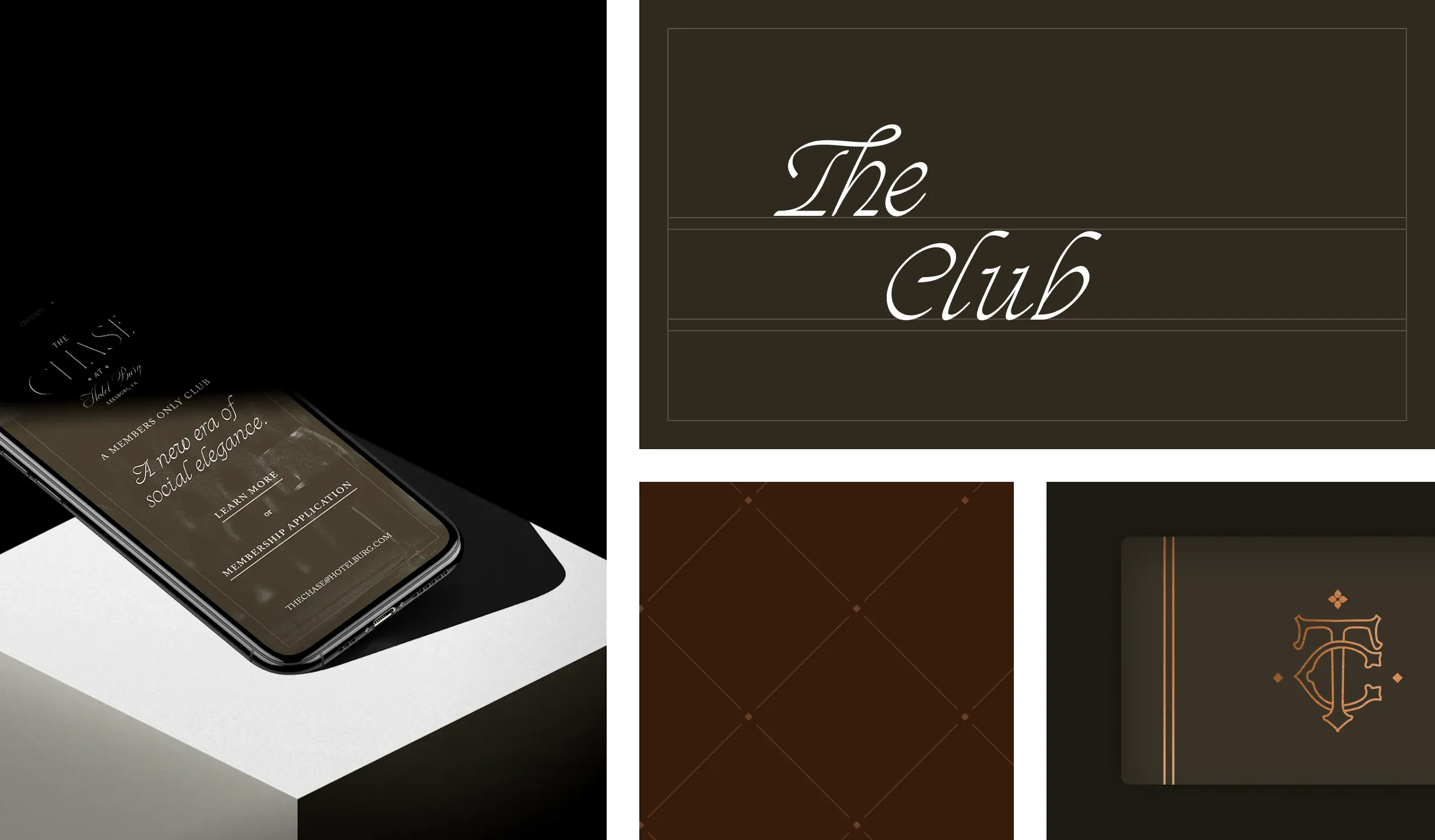 The Club branding moodboard with phone mockup and monogram card