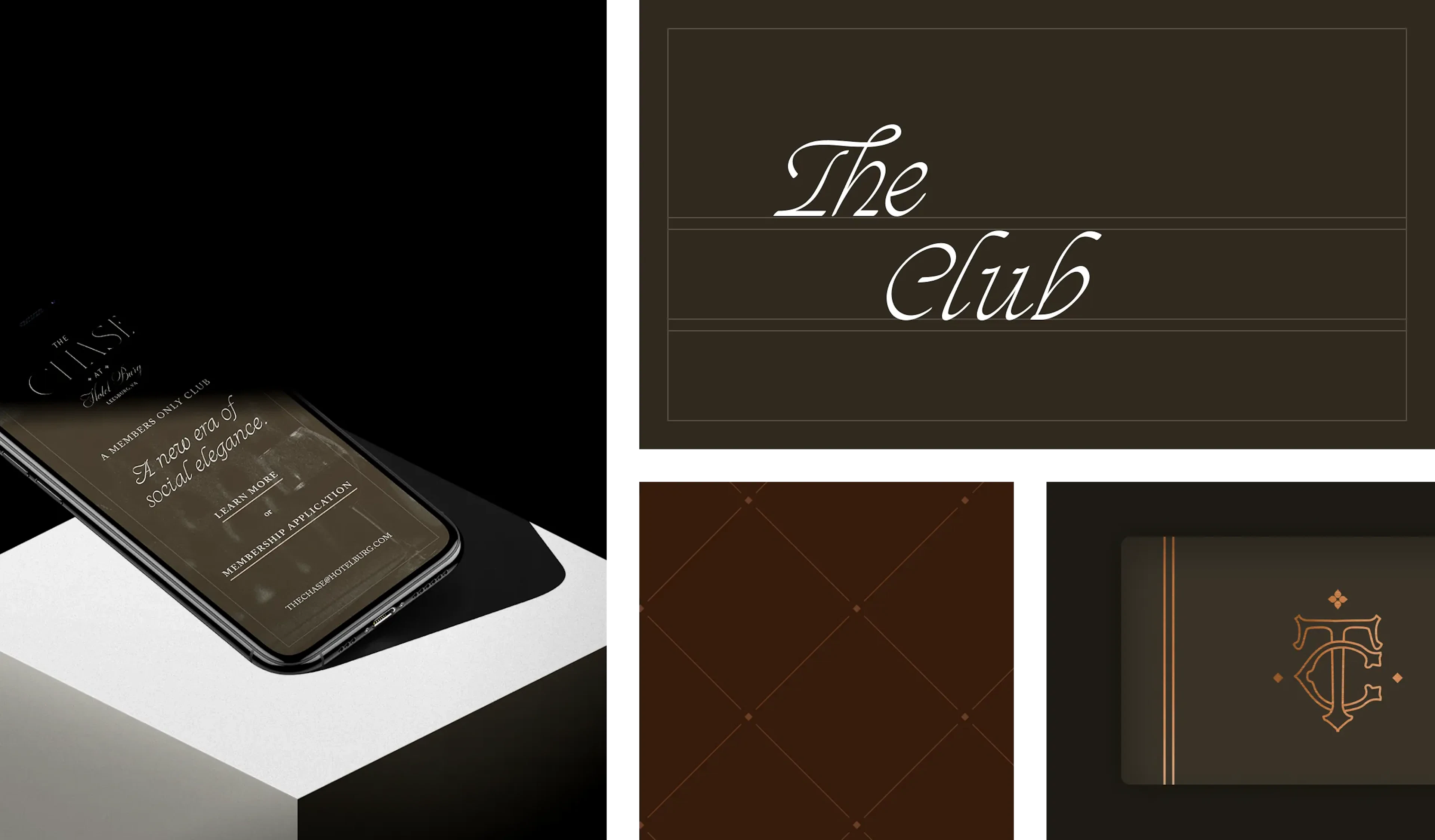 The Club branding moodboard with phone mockup and monogram card
