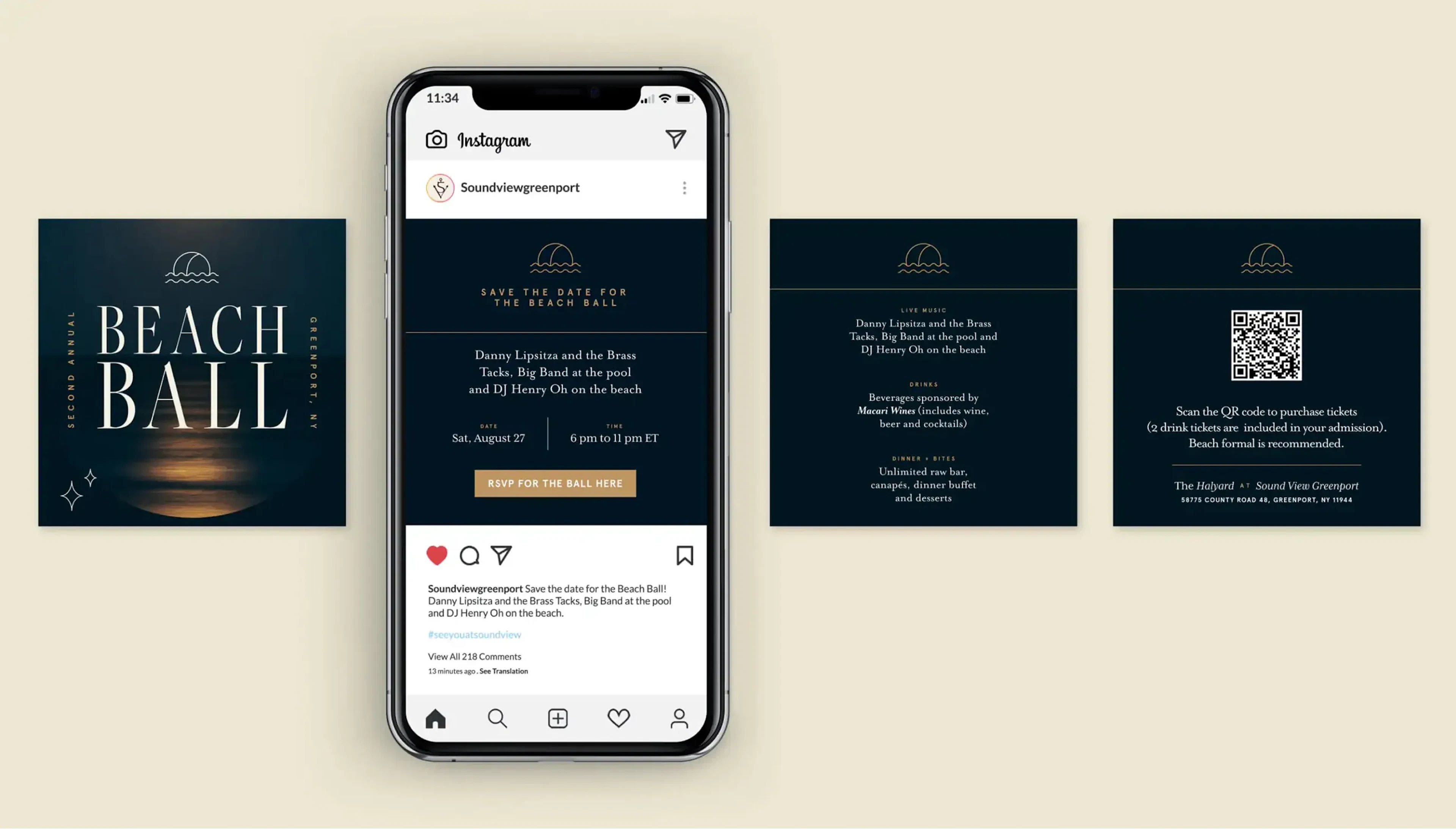 Beach Ball Instagram posts on a phone screen beside square social tiles