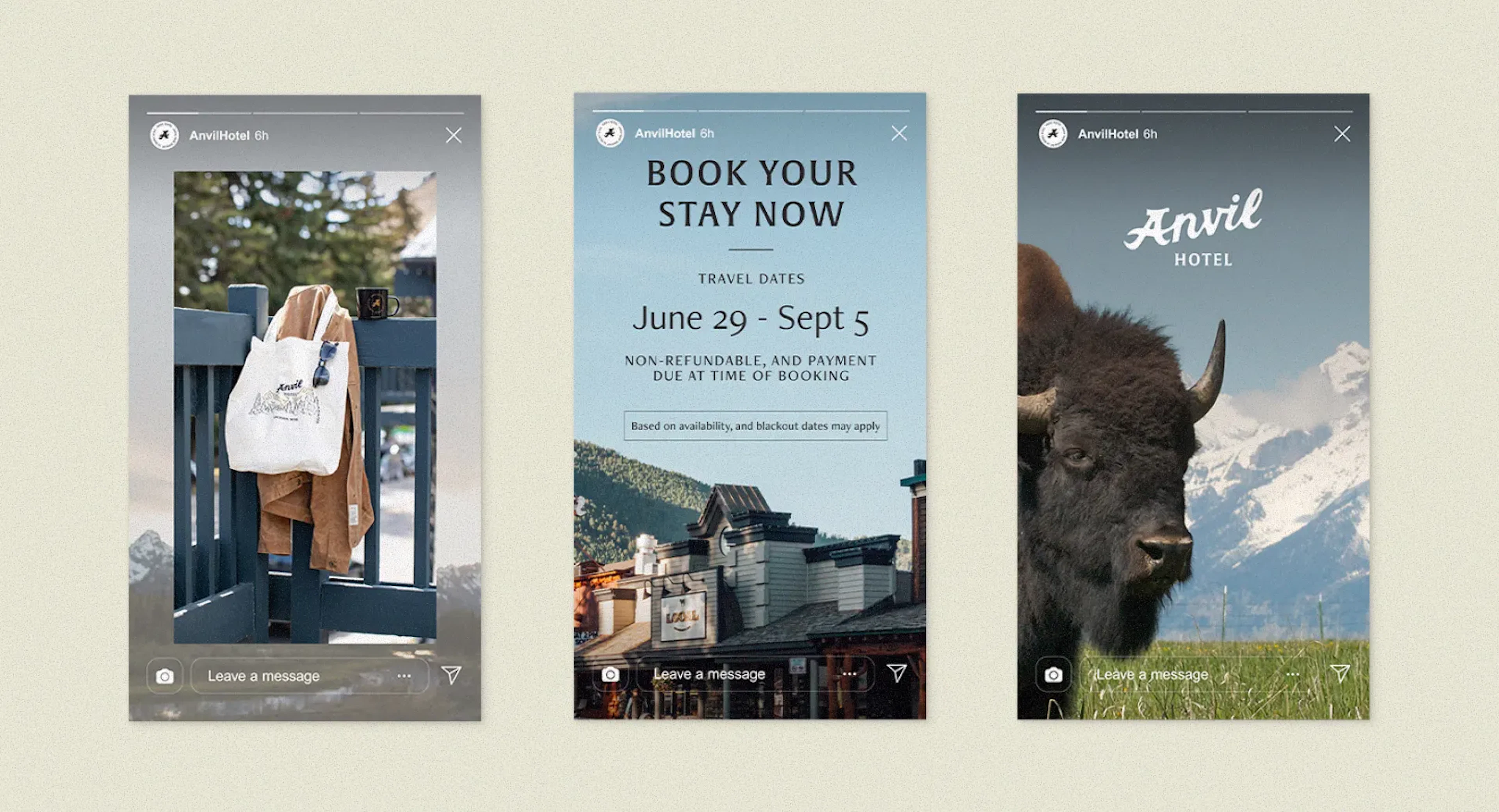 Three Anvil Hotel Instagram story mockups on phones